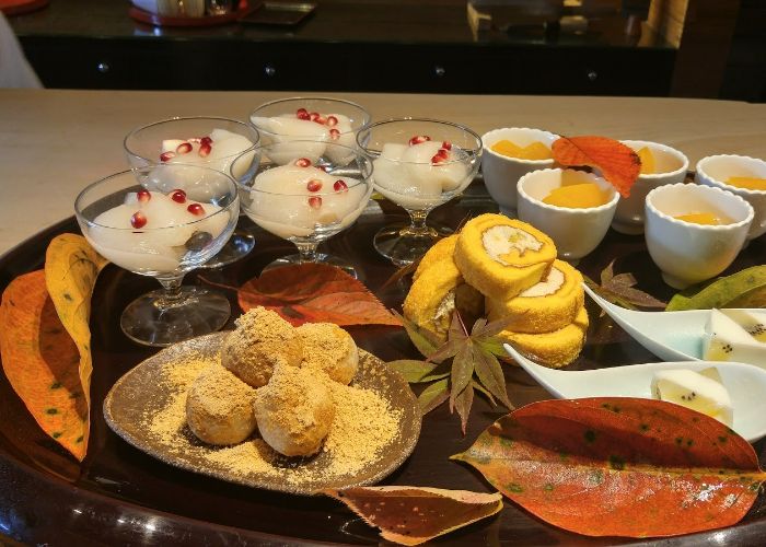 A selection of desserts on a tray at Gion Sasaki, the Michelin star kaiseki restaurant in Kyoto.